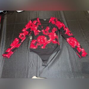 Express floral red black lace bodysuit